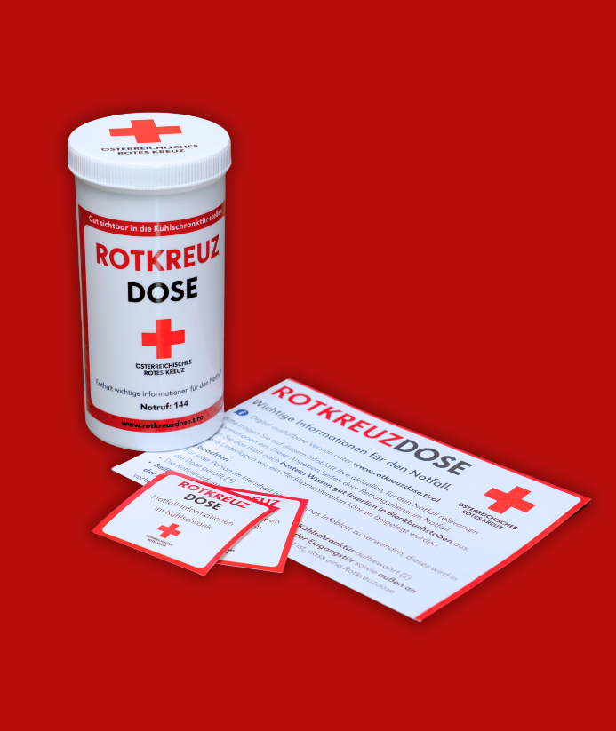 Rotkreuzdose/Notfalldose mit Inhalt (Einlegeblatt und Aufkleber)